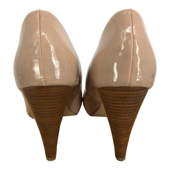 Roberto Vianni Nude Beige Glossy Leather Peep Toe high Heels size 8.5 - Picture 2 of 13